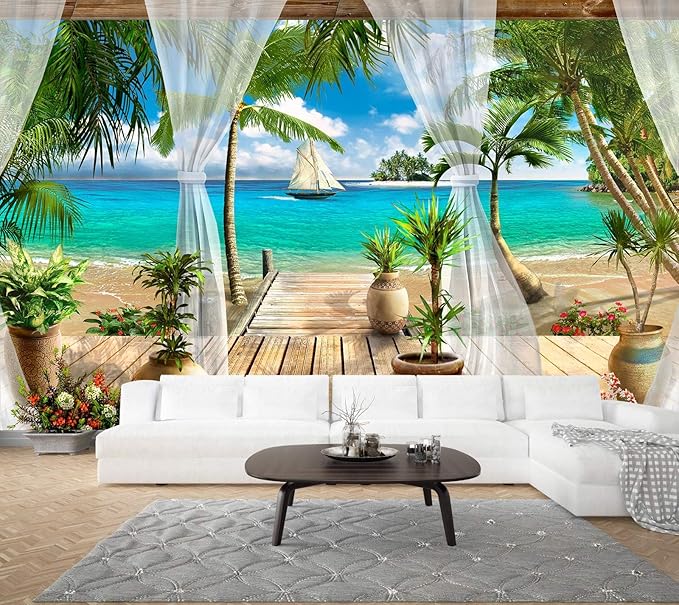 WFBHUA-Wall Mural Tropical Beach Palm Tree Wallpaper Balcony Window Seascape Landscape Wallpaper for Bathroom Living Room Bedroom (Not Peel and Stick)-Ruum Studio Home