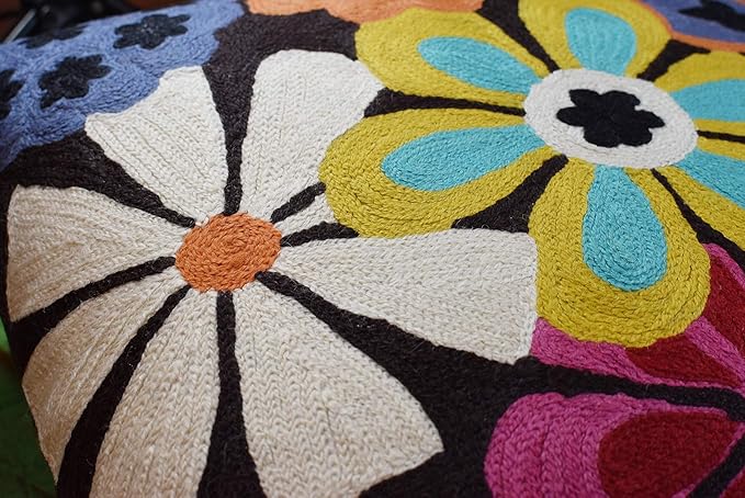 Modern Black Daisy Floral Pillow Cover Accent Flower Traditional Pillowcase Hand Embroidered Florals Couch Pillowsham Boho Outdoor Cushion Suzani Accent Pillow Wool 18x18 Inch-Ruum Studio Home