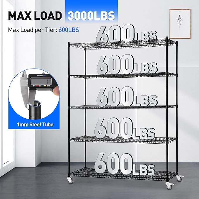 5 Tier Wire Shelf Shelving Unit, 60"x 24"x82" Metal Storage Shelves, Heavy Duty Garage Storage Shelves with Wheels, Chrome 3000LBS Capacity Wire Shelf Rack for Restaurant, Garage, Pantry, Kitchen-Ruum Studio Home