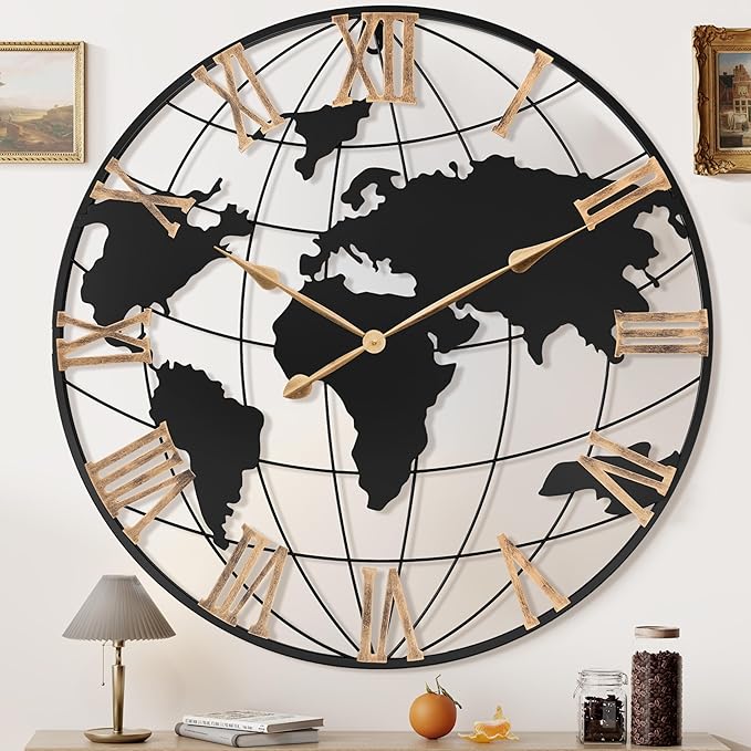 36 Inch Extra Giant Oversized Black Metal Wall Clock,Large Modern Decorative Silent World Map Wall Clock with Vintage Gold Roman Numeral for Living Room,Entrance Fireplace,Dining Room Decor-Ruum Studio Home