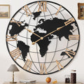 36 Inch Extra Giant Oversized Black Metal Wall Clock,Large Modern Decorative Silent World Map Wall Clock with Vintage Gold Roman Numeral for Living Room,Entrance Fireplace,Dining Room Decor-Ruum Studio Home