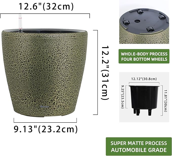 Dexceder 13x12 Self Watering Planter with Wheels Indoor Outdoor, Inner Pot Design, Thickened Large Floor Standing Flower Plant Pot with Water Level Indicator (Black Gold Crackle)-Ruum Studio Home