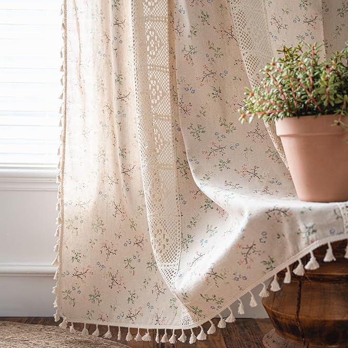 Sutuo Home Boho Curtain Semi-Blackout Crochet Hollow Lace Patchwork with Floral Print Cotton Linen Fabric, Handmade Tassels Rod Pocket Bohemian Window Drapes for Living Bedroom, 59"W x 63"L, 1 Panel-Ruum Studio Home