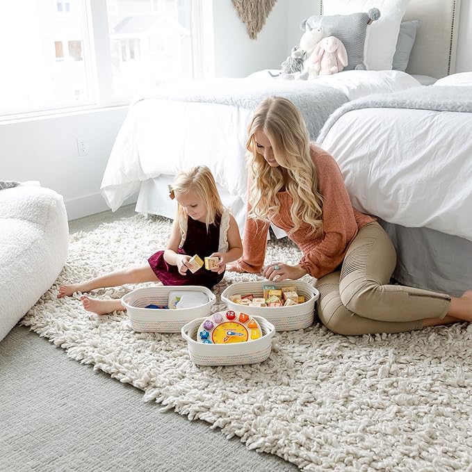 NaturalCozy 5-Piece Rectangle Storage Basket Set- Natural Cotton Rope Woven Baskets for Organizing! Small Basket for Montessori, Baby Nursery, Dog Toy Baskets, Cat Toy Box, Bathroom Organization Bin-Ruum Studio Home