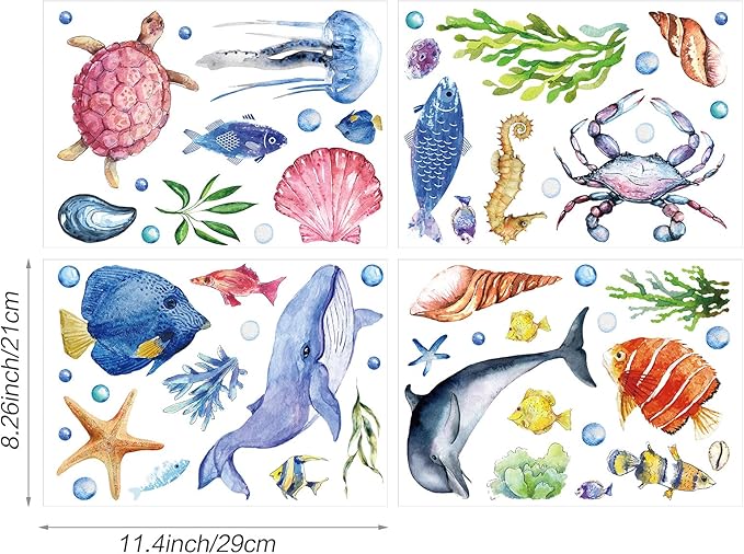 52 Pcs Ocean Fish Wall Decals Glow in The Dark Under The Sea Wall Decals Sea Animals Stickers Removable Waterproof Peel and Stick for Kids Bathroom Watercolor Ocean Decor(Cute Style)