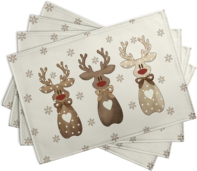 Christmas Reindeer Snowflakes Placemats Set of 4 Xmas Cute Elk Deer Place Mats 12x18 Seasonal Winter Holiday Farmhouse Linen Table Mats for Party Kitchen Dining Outdoor Indoor Decor-Ruum Studio Home