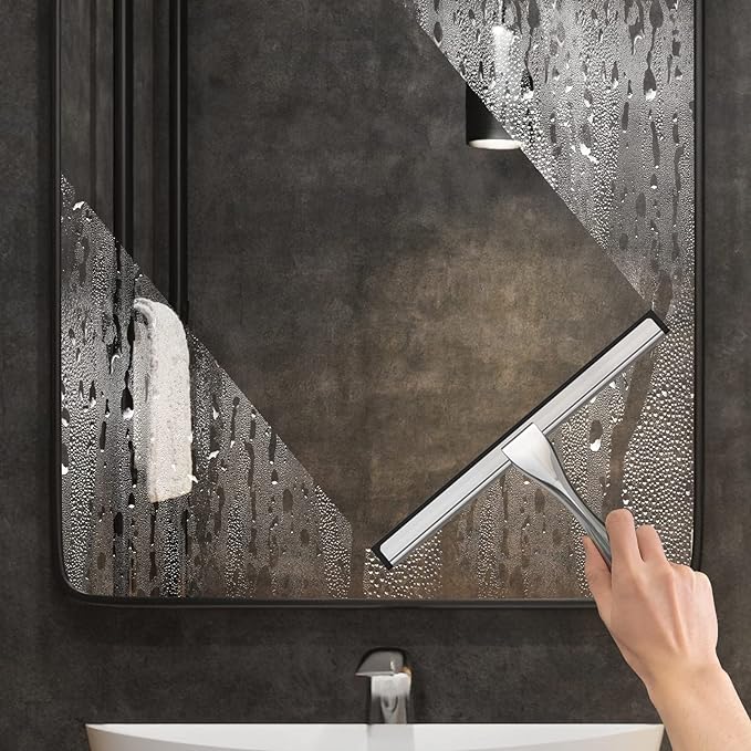 All-Purpose Stainless Steel Shower Squeegee for Shower Doors with 2 Adhesive Hooks, Bathroom Cleaner Tool Household Window Mirror Squeegee for Home Cleaning, Glass Door, Tile Wall, Car, 12 Inch Silver-Ruum Studio Home