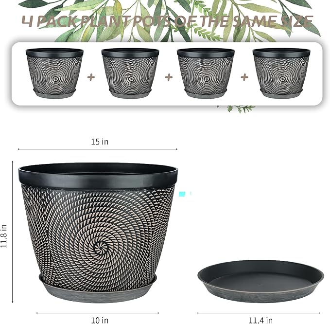 Quarut 15 Inch 4 Pack Large Plant Pots, Plastic Flower Pot for Indoor & Outdoor with Drainage Holes & Saucer, Circle Pattern Planters Garden Pots for Herbs-Ruum Studio Home