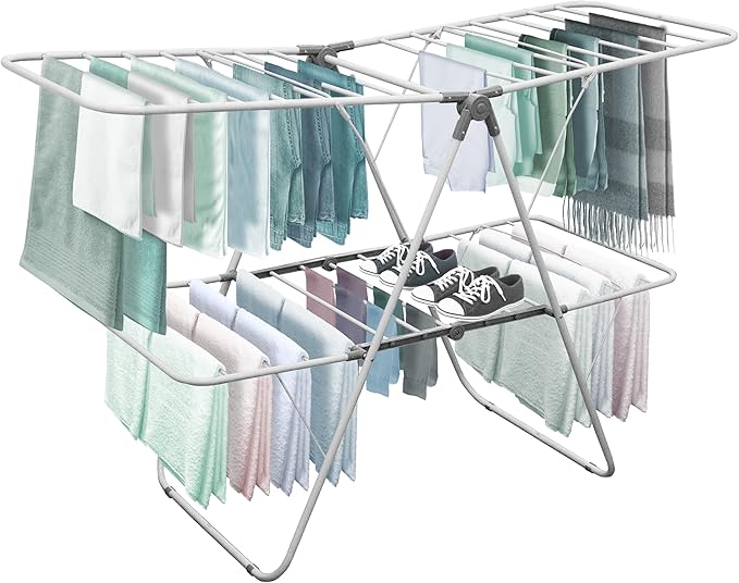 Brookstone – Extra Large – Double Spaced - 2 Tier Collapsible Clothes Drying Rack, Indoor/Outdoor Folding Hanging Garment Stand [NO Assembly - Ready Out of The Box]-Ruum Studio Home