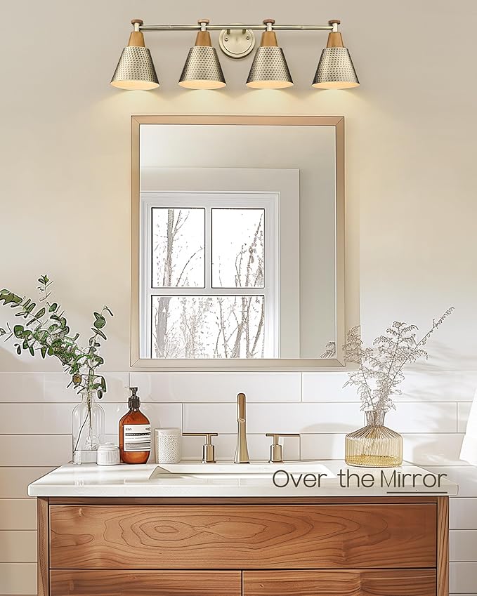 FEMILA Vanity Lights, 4-Lights Bathroom Light Fixtures Over Mirror, Antique Brass Wall Sconces Lamp with Hammered Metal Shade Finish, 4FG59B-4W BG-Ruum Studio Home