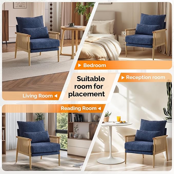 VINGLI Boho Braid Accent Armchair,Mid-Century Modern Chiar with Solid Wooden Armrest,Comfy Louge Cushion Chair with Waist Pillow for Bedroom,Living Room,Reading Room, Blue-Ruum Studio Home