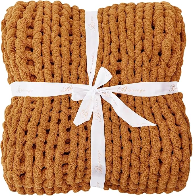 Bigacogo Chunky Knit Throw Blanket for Couch, 40x40 inches, 100% Hand Knitted with Thick Jumbo Chenille Yarn, Cozy Soft Large Rope Knot Cable Crochet Blankets for Sofa Bed Living Room, Burnt Orange-Ruum Studio Home