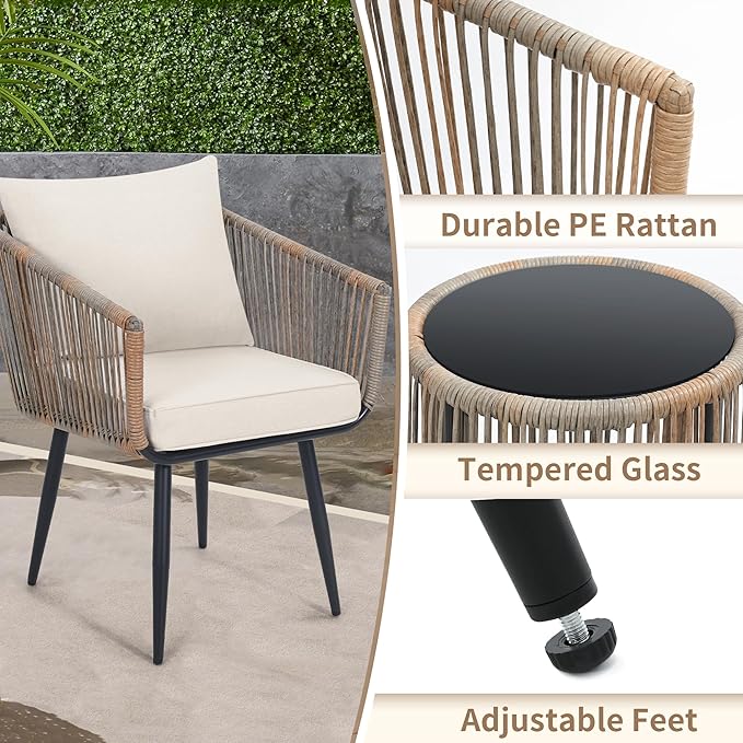 Kromax 3 Pieces Patio Rattan Bistro Conversation Set, Outdoor All-Weather Wicker Furniture Chairs and Side Table Set Ideal for Balcony, Porch and Backyard, Beige-Ruum Studio Home