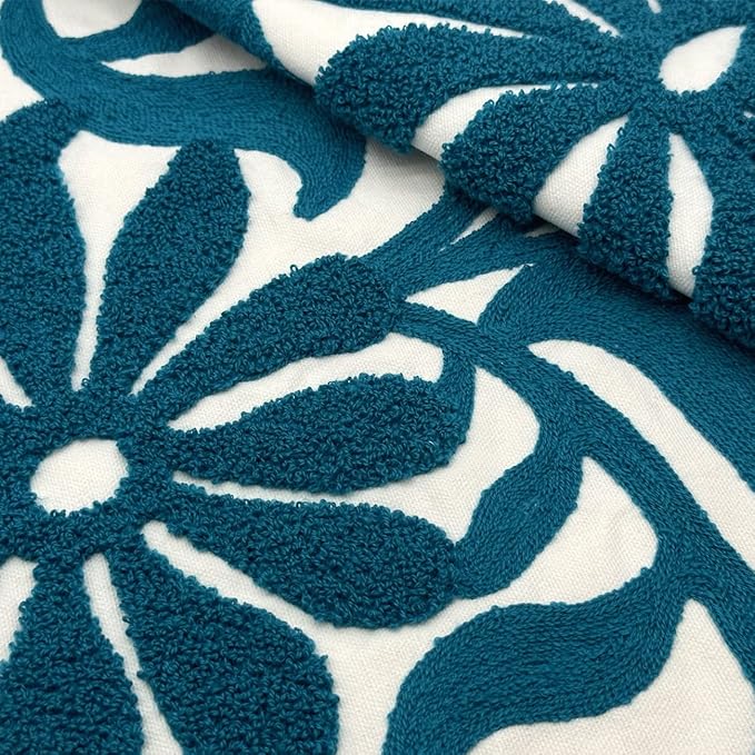 Alysheer Farmhouse Floral Leaves Embroidered Decorative Throw Pillow Cover 18x18 inches, Boho Tufted Flowers Embroidery Pattern Chic Cotton Cushion Case for Couch Bed Sofa Living Room(Teal Blue)-Ruum Studio Home