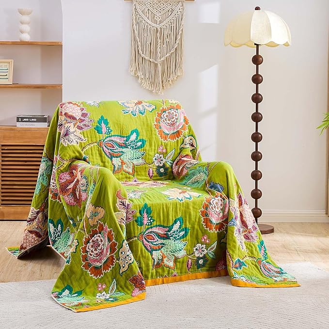 Fall Throw Blanket, 100% Cotton Soft Rustic Boho Throw Blanket for Bed, 80"x90" Farmhouse Decor Bed Flower Blankets, Light Weight Reversible Bohemian Throw Quilt-Ruum Studio Home