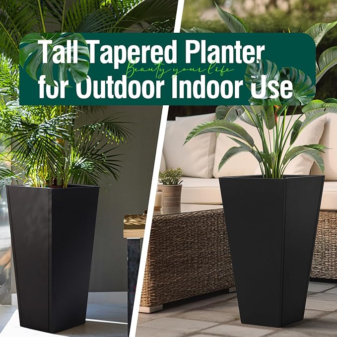 Tall Black Planter Tapered Metal Modern Flower Plant Pot Black Square Galvanized Steel Planter 30In Indoor Outdoor for Front Porch Garden Patio Grande Plant Tree Commercial Residential Heavy Duty-Ruum Studio Home