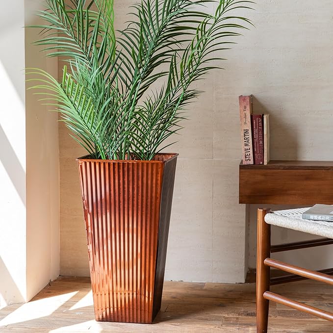 22in Vintage Handmade Metal Vertical Lines Copper Tapered Planters,Planter Box with Drainage Holes and Saucer -Set of 2, Galvanized Steel Planter for Indoor/Outdoor/Porch/Garden-Ruum Studio Home
