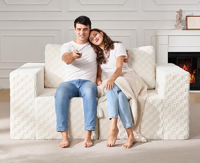 Modular Sectional Sofa 2 Seater Loveseat Modular Couch with Deep Seat Memory Foam Cloud Chair with Pillows Oversized Sectional Sofa for Living Room Bedroom (Plush White, Loveseat)-Ruum Studio Home