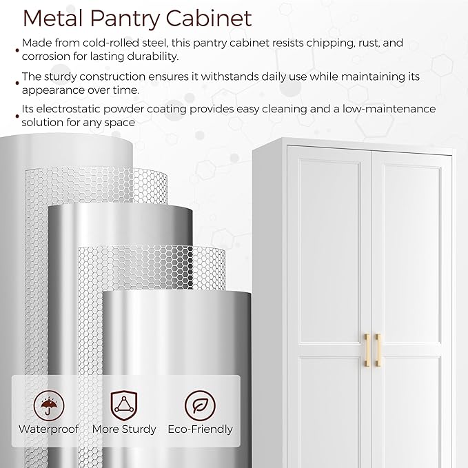 71" Tall Metal Pantry Cabinet, White Kitchen Pantry Storage Cabinet with 4 Adjustable Shelves and Gold Handles, Cupboard for Kitchen, Dining Room, Living Room, Bathroom-Ruum Studio Home