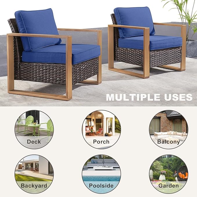 Outdoor Wicker Patio Furniture Set - 5 Piece Patio Conversation Set with 2 Wicker Armrest Chairs,2 Rattan Ottoman, 1 Side Table, Sturdy Frame, Thick Cushions, Deep Seating(Brown/Blue)-Ruum Studio Home