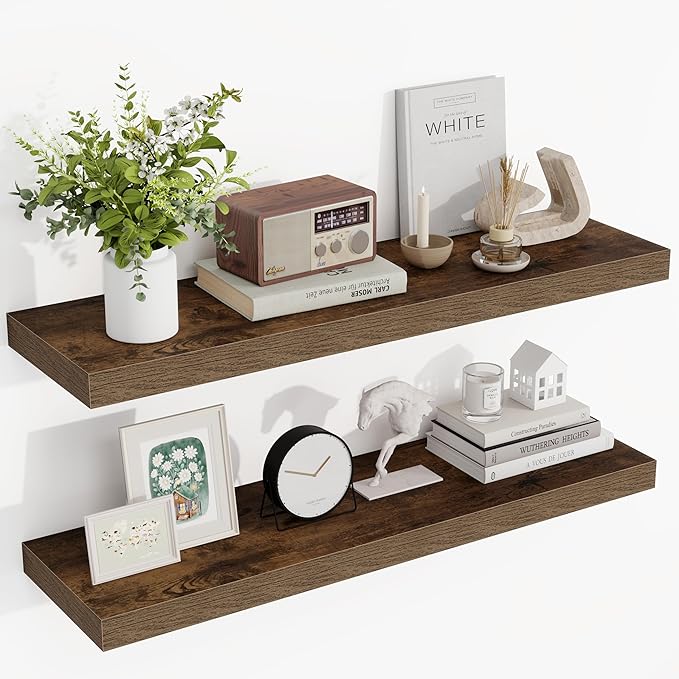 36 Inch Floating Shelves, 36"x9.25"x1.5" Inch Deep Floating Shelves for Wall, Wooden Shelves for Bathroom, Bedroom, Living Room, Brown-Ruum Studio Home