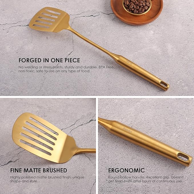 Gold Kitchen Utensils Set - 18/10 Stainless Steel Cooking Tools, 15" All Metal Serving Utensils with Fork, Solid/Slotted Spoon, Spatula, Ladle, Skimmer, Tunner, Pasta Spoon, Large Spoon, Set of 9-Ruum Studio Home