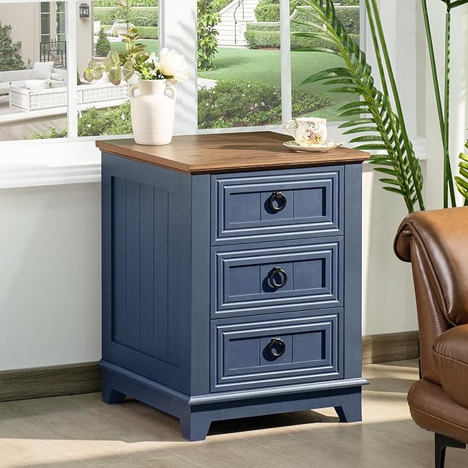 18" Farmhouse Night Stand with 3 Drawers, Wood End Table Dresser for Bedroom, Navy Blue Nightstand, Bed Side Table with Metal Handle, Bedside Cabinet for Bedroom Living Room, Closet-Ruum Studio Home