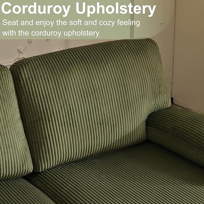 Karl home U-Shape Sectional Sofa Couch 111" Modern 4-Seat Sofa with Chaises Corduroy Fabric Upholstered Covertible Couch with Wood Grain Legs for Living Room, Reception Room, Apartment, Green-Ruum Studio Home