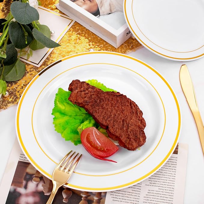 FLOWERCAT 60PCS Gold Plastic Plates - Heavy Duty White and Gold Plastic Plates Disposable for New Year/Thanksgiving Party/Wedding - Include 30PCS 10.25" Dinner Plates and 30PCS 7.5" Dessert Plates-Ruum Studio Home