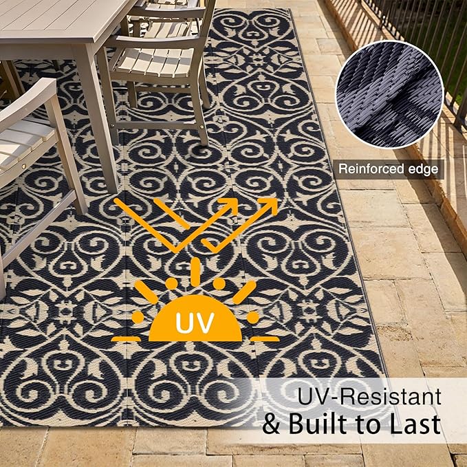 OLANLY Outdoor Rug Waterproof 5x8 ft Clearance, Reversible Outdoor Plastic Straw Rug with Floral Pattern, RV Mat for Patio, Camping, Balcony, Deck, Backyard, Black & Beige-Ruum Studio Home