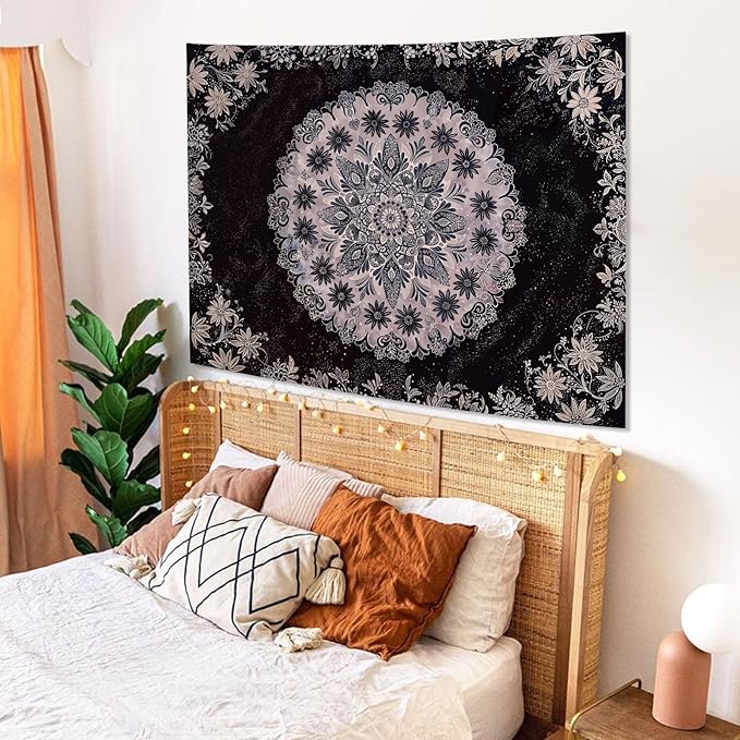 Fowocu Boho Floral Mandala Tapestry Wall Hanging Grey Bohemian Flower Medallion Tapestry Aesthetic Gray Black Hippie Indian Small Tapestries for Bedroom Living Room Dorm Decor 48 x 36 Inch-Ruum Studio Home