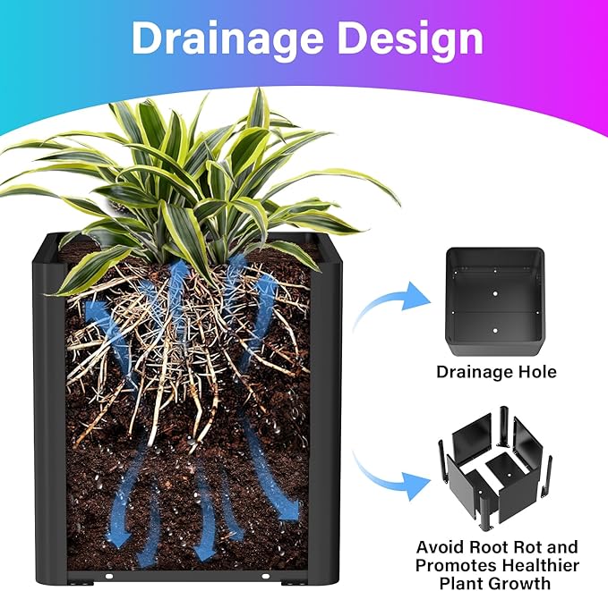 Metal Square Planter Box, Galvanized Steel Planters for Outdoor Plants, 24"x 24"x 25" Black Large Outdoor Planters with Drainage Hole for Porch/Patio/Garden-Ruum Studio Home