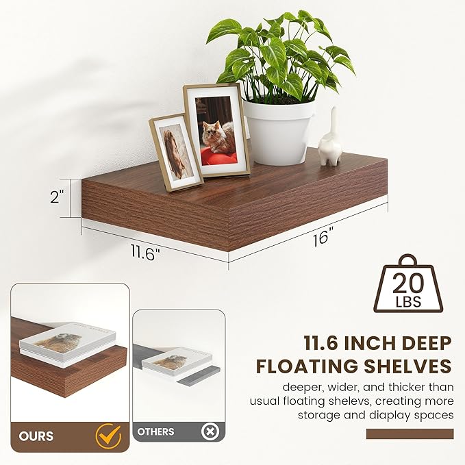 Deep Floating Shelves for Wall | 16 Inch Wide x 12 Inch Deep Floating Shelves Set of 2 | Rustic Walnut Wide Wall Shelves | Bookshelf Laundry Shelf TV Shelf-Ruum Studio Home