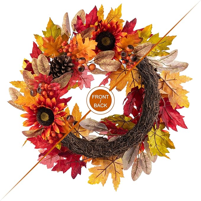 Glitzhome 24''D Fall Wreath with Hanger, Artificial Autumn Wreath for Front Door with Sunflower, Pinecone and Berry, Harvest Wreaths Decor for Indoor Outdoor Holiday Decoration-Ruum Studio Home