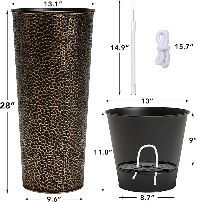 KOL 28" H. Tall Metal Cone Planters with Inner Pots 2-Pack, Bronze Hand-Hammered Large Decor Planter for Deck, Patio, Porch - Handcrafted Flower Pot - with Water Level Indicator - Indoor Outdoor Use-Ruum Studio Home