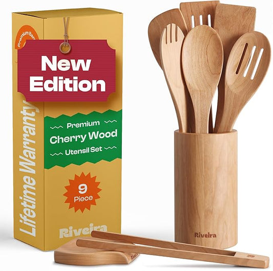 Riveira Cherry Wooden Spoons for Cooking Set of 9 – Natural Cherry Wooden Cooking Utensils, Wooden Spatula, Wooden Spoon - Premium Quality Wooden Utensil Set for Non-Toxic Cooking-Ruum Studio Home