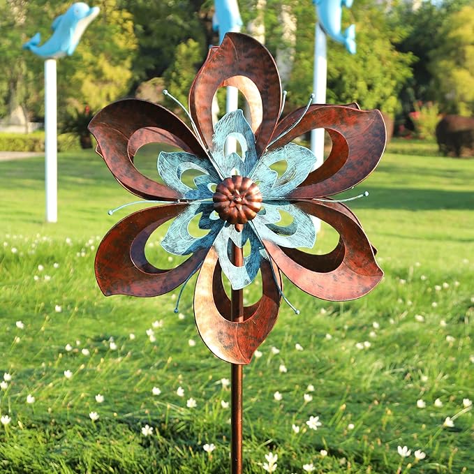 Garden Wind Spinner,Flower Wind Spinner,Outdoor Metal Wind Sculpture & Spinner Large 23 inch Dia 84 inch Height Kinetic Windmill for Garden Yard-Ruum Studio Home