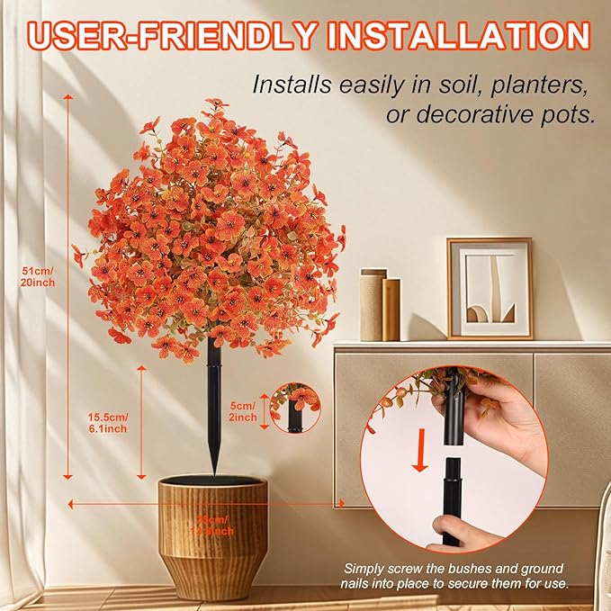 Set of 2 Artificial Fall Topiary Ball Flowers for Outdoor Decoration with Spike 20", UV Resistant Fake Autumn Floral Shrubs, Realistic Faux Bushes Plants for Garden,Yard,Porch and Patio Decor-Ruum Studio Home