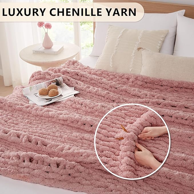 L'AGRATY Chunky Knit Blanket Throw: 72''x84'' Chenille Chunky Knitted Throw Blanket for Bed Couch - Handmade Thick Big Cable Knit Blanket - Large Chunky Crochet Blanket for Home Decor(Rose Pink)-Ruum Studio Home