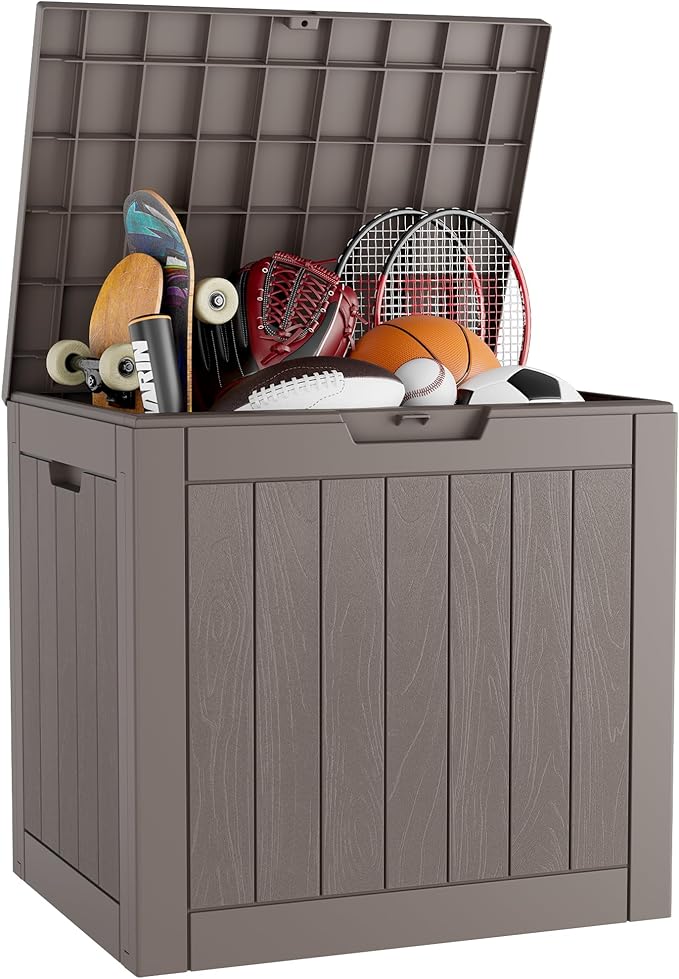 KAMABOKO Deck Box, 32 Gallon Resin Indoor and Outdoor Storage Boxes Waterproof for Garden Tools, Pool Accessories Storage Bench, Patio Furniture and Cushions with Lockable Lid, Grey-Ruum Studio Home