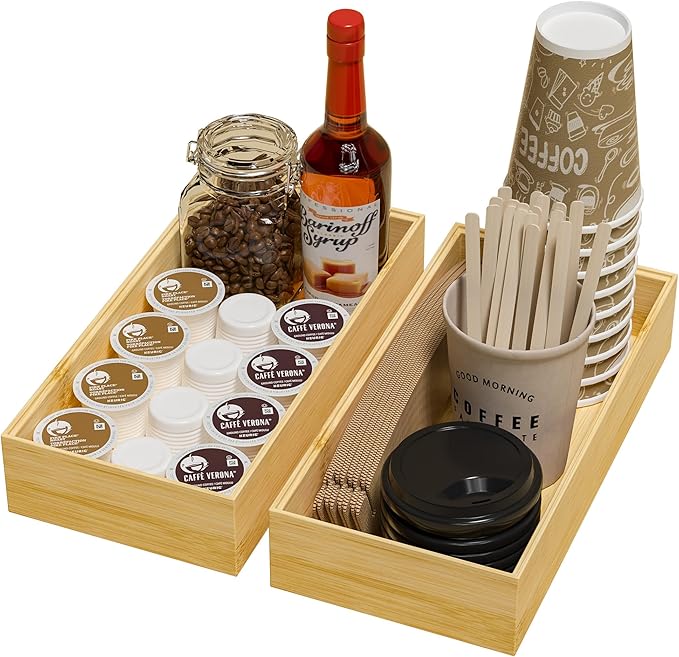 Kitchen Drawer Organizer Bins, Stackable Bamboo Drawer Organizer for Silverware, Flatware, Coffee Pod Organizer K Cup Holder for Countertop, 2 Pcs Coffee Station Organizer 12" x 6" x 2.5"-Ruum Studio Home