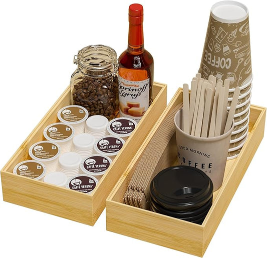 Kitchen Drawer Organizer Bins, Stackable Bamboo Drawer Organizer for Silverware, Flatware, Coffee Pod Organizer K Cup Holder for Countertop, 2 Pcs Coffee Station Organizer 12" x 6" x 2.5"-Ruum Studio Home
