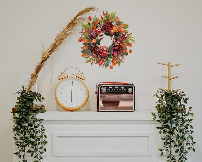 22 Inch Fall Chrysanthemum Wreath Harvest Floral Wreath with Apples Pinecones Berries and Eucalyptus Maple Leaves for Fall Thanksgiving Halloween Mantel Table Outdoor Front Door Wall Window-Ruum Studio Home