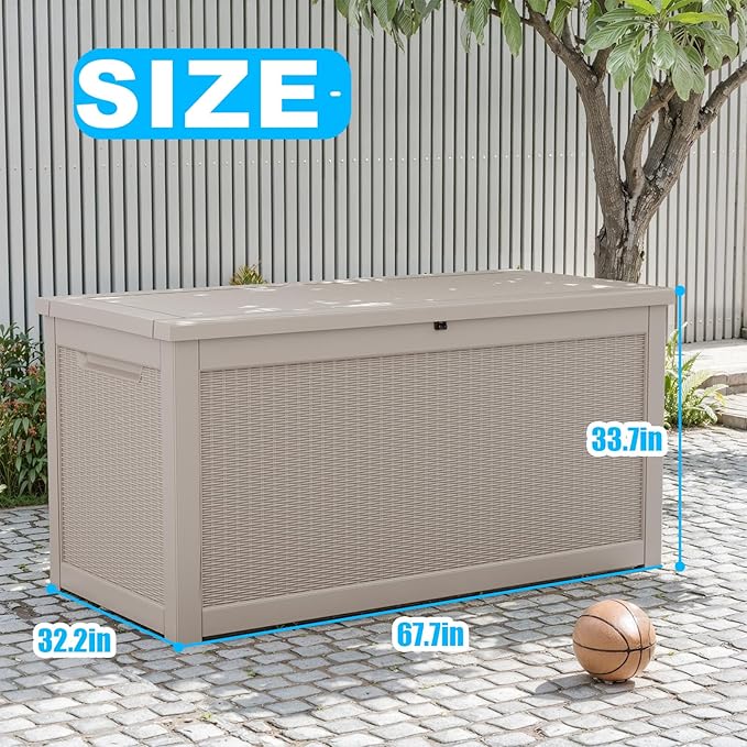 260 Gallon Large Resin Deck Box, Lockable Outdoor Storage Box for Patio Cushions Storage Furniture,Garden Tools, Pool Supplies, Weatherproof and UV Resistant- Grey Rattan (260 Gallon)-Ruum Studio Home