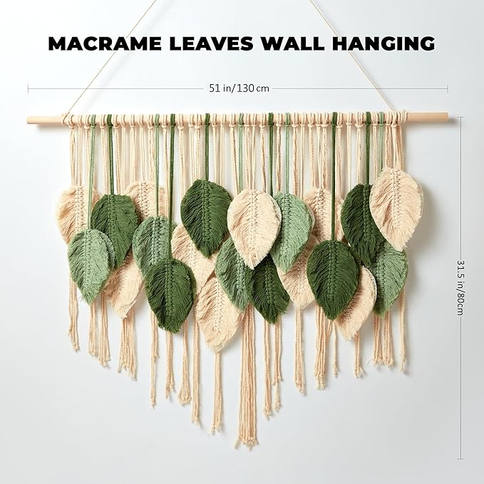 Macrame Wall Hanging Boho Wall Tapestry Handmade Woven Leaf Wall Decor Crochet Wall Art for Home Office Apartment (Green, 51.2" W x 34.3" L)-Ruum Studio Home