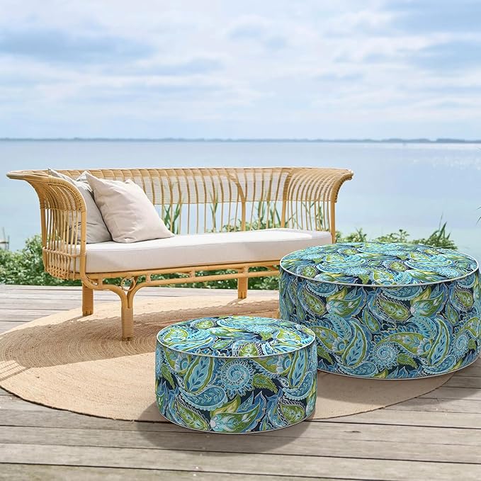 Inflatable Ottoman Stool D31 xH14 for Outdoor/Indoor Use, Water Repellent Patio Foot Rest with Portable Handle,Round Pouf Ottoman Suitable for Garden,Deck and Camping - Paisley Lapis Green-Ruum Studio Home