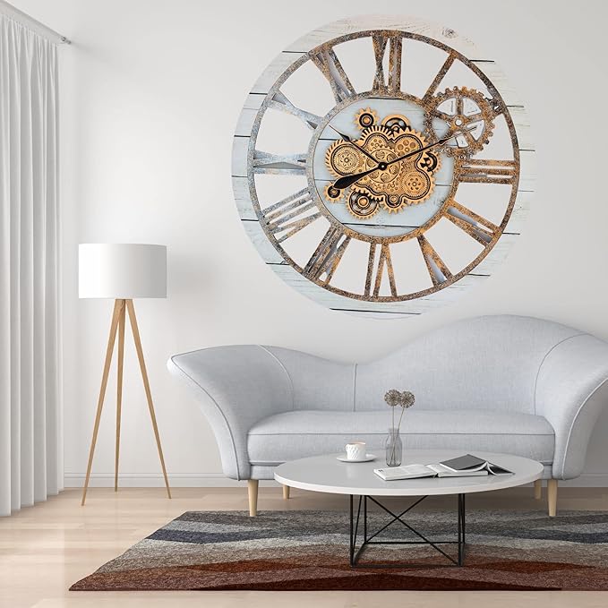 The Gears Clock 36'' Inch Real Moving Gear Wall Clock Vintage Industrial Oversized Rustic Farmhouse (White Farmhouse)-Ruum Studio Home