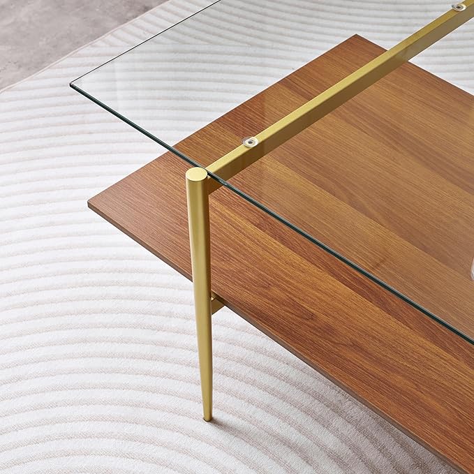 X-Large Rectangle Glass Coffee Table, Mid-Century Modern Design, for Living Room, L47 x W24 x H17 Inch, Clear Glass Top and Walnut MDF Shelf, Sleek Conical Legs with Gold Finish Frame-Ruum Studio Home