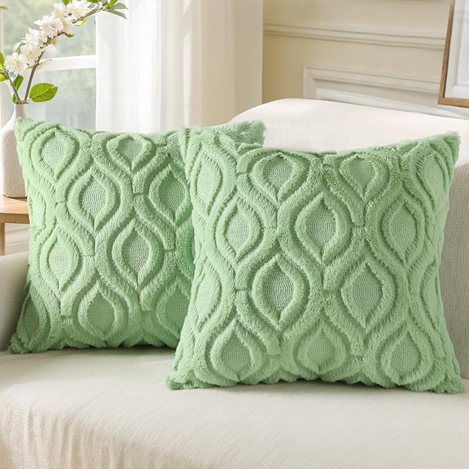 decorUhome Throw Pillow Covers 22x22 Inch Set of 2, Soft Plush Decorative Faux Fur Sage Green Solid Couch Pillow Covers, Accent Farmhouse Neutral Square Euro Pillow Cases for Sofa Bed Living Room-Ruum Studio Home