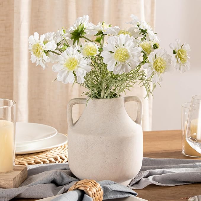 Mitt&Ditt Ceramic Flower Vase with Handles, 8 inch Tall Off-White Vase, Decorative Terracotta Vases, Farmhouse Rustic Pottery Vases for Home Decor, Living Room, Table-Ruum Studio Home
